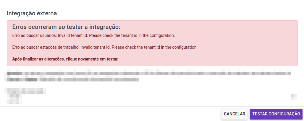 Erro na validação